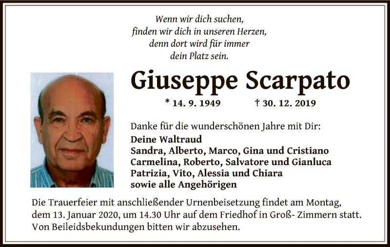  Traueranzeige für Giuseppe Scarpato vom 04.01.2020 aus Offenbach