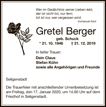 Traueranzeige von Gretel Berger von Offenbach