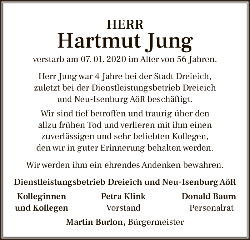  Traueranzeige für Hartmut Jung vom 16.01.2020 aus Offenbach