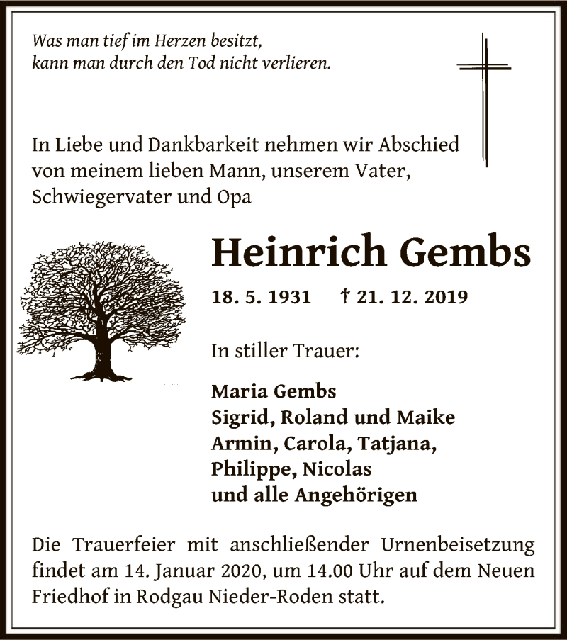  Traueranzeige für Heinrich Gembs vom 11.01.2020 aus Offenbach