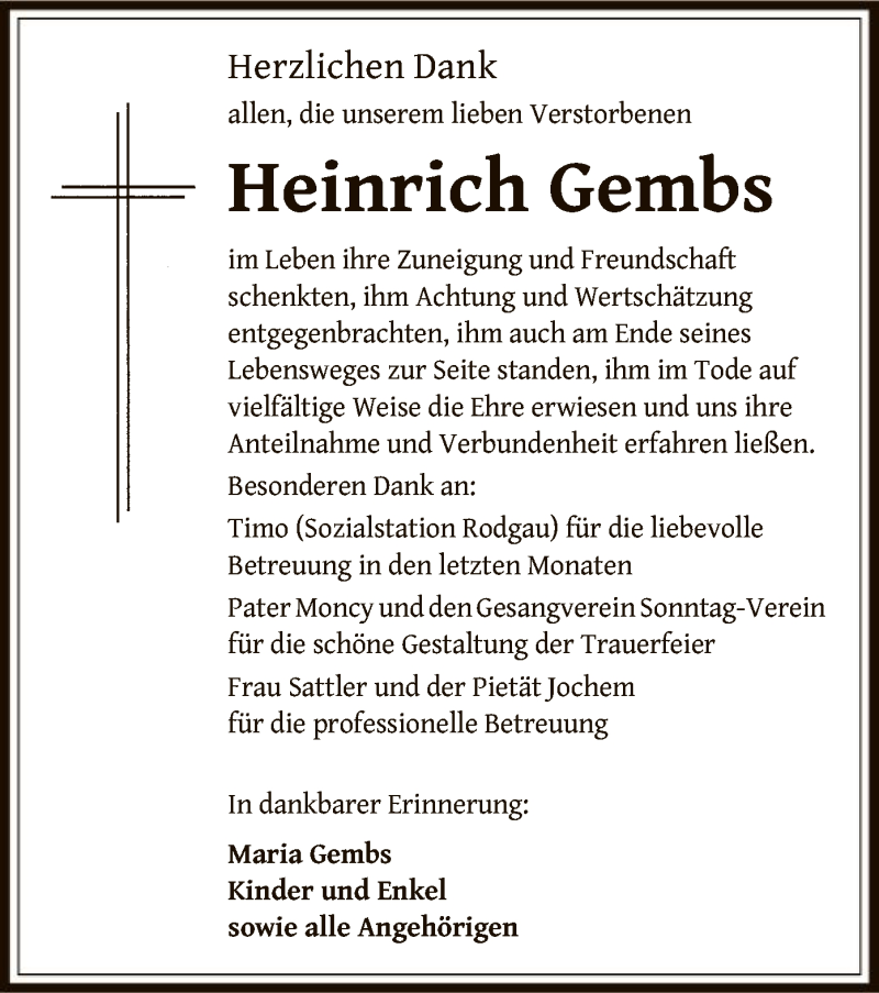  Traueranzeige für Heinrich Gembs vom 25.01.2020 aus Offenbach