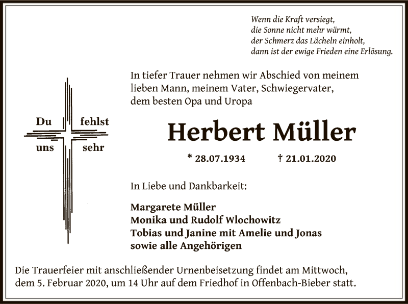  Traueranzeige für Herbert Müller vom 29.01.2020 aus Offenbach
