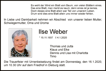 Traueranzeige von Ilse Weber von Offenbach