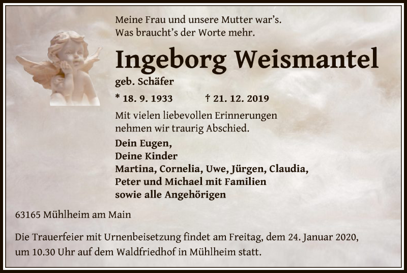  Traueranzeige für Ingeborg Weismantel vom 18.01.2020 aus Offenbach