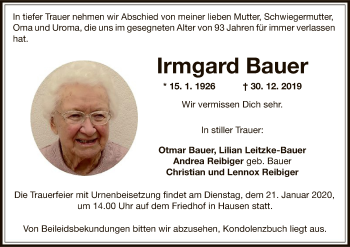 Traueranzeige von Irmgard Bauer von Offenbach