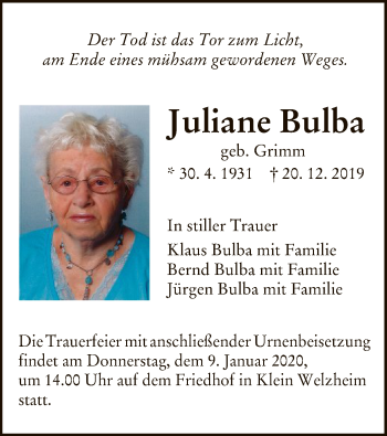 Traueranzeige von Juliane Bulba von Offenbach