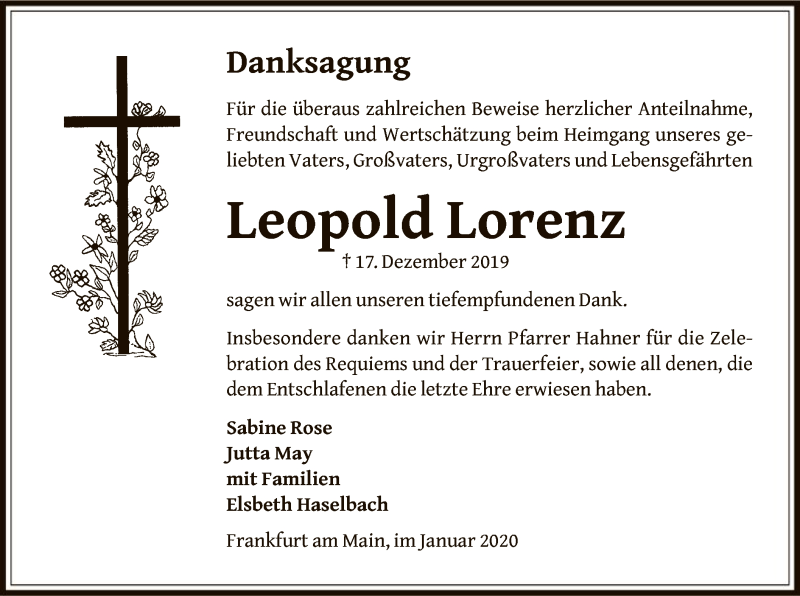  Traueranzeige für Lorenz Leopold vom 29.01.2020 aus Offenbach