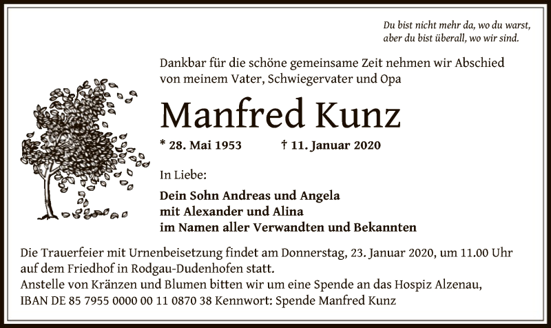  Traueranzeige für Manfred Kunz vom 18.01.2020 aus Offenbach