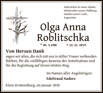 Traueranzeige von Olga Anna Roblitschka von Offenbach