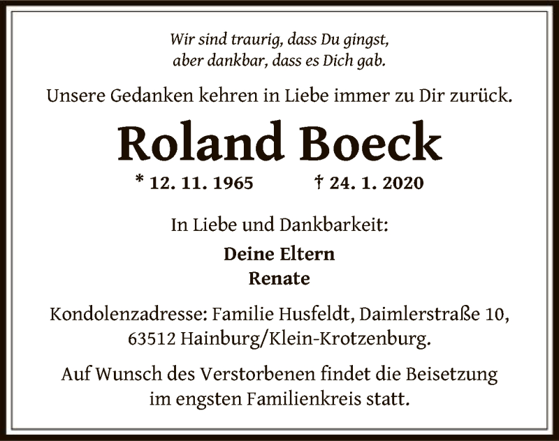  Traueranzeige für Roland Boeck vom 29.01.2020 aus Offenbach