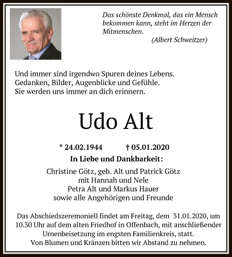  Traueranzeige für Udo Alt vom 25.01.2020 aus Offenbach