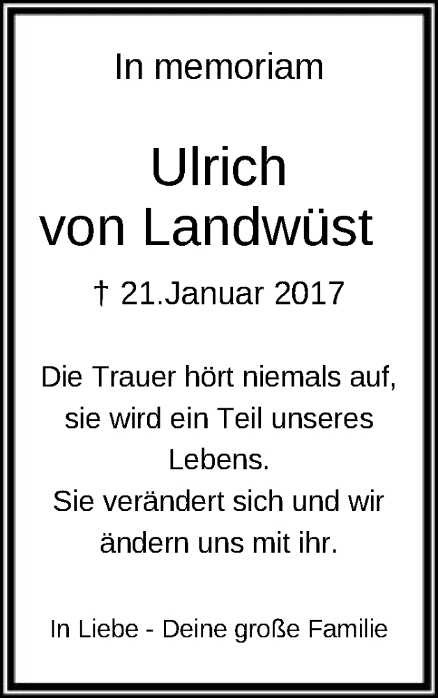  Traueranzeige für Ulrich von Landwüst vom 23.01.2020 aus Offenbach