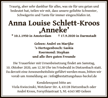 Traueranzeige von Anna Louise Schlett-Kroos von OF