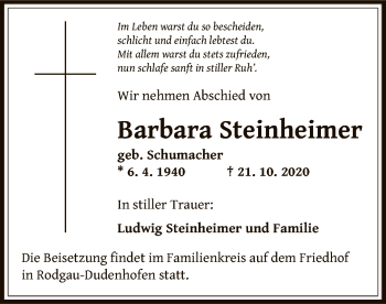 Traueranzeige von Barbara Steinheimer von OF