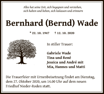 Traueranzeige von Bernhard Wade von OF