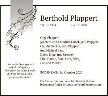 Traueranzeige von Berthold Plappert von OF