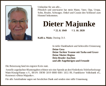 Traueranzeige von Dieter Majunke von OF