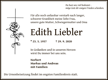 Traueranzeige von Edith Liebler von OF