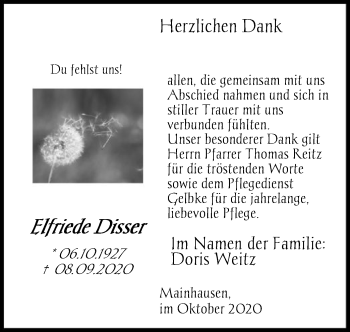 Traueranzeige von Elfriede Disser von OF