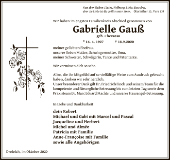 Traueranzeige von Gabrielle Gauß von OF