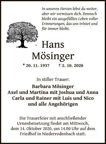 Traueranzeige von Hans Mösinger von OF