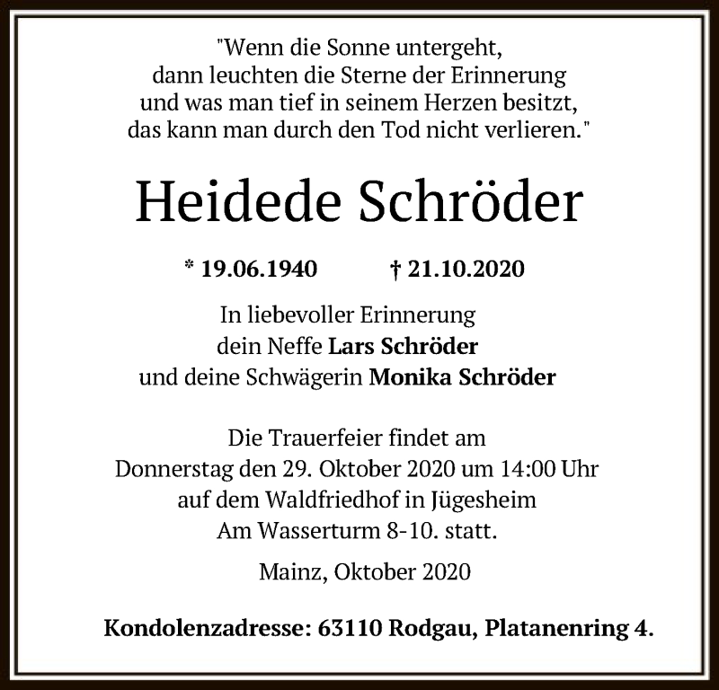  Traueranzeige für Heidede Schröder vom 27.10.2020 aus OF