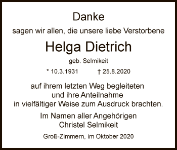 Traueranzeige von Helga Dietrich von OF