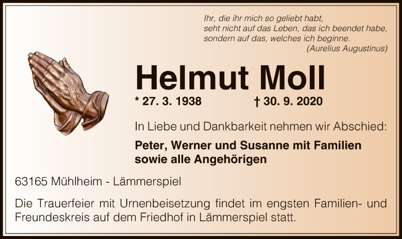  Traueranzeige für Helmut Moll vom 10.10.2020 aus OF