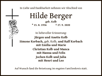 Traueranzeige von Hilde Berger von OF