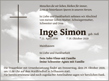 Traueranzeige von Inge Simon von OF