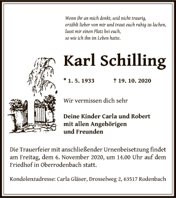 Traueranzeige von Karl Schilling von OF