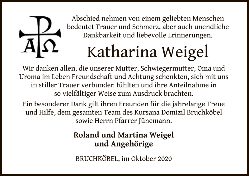Traueranzeigen von Katharina Weigel | trauer.op-online.de