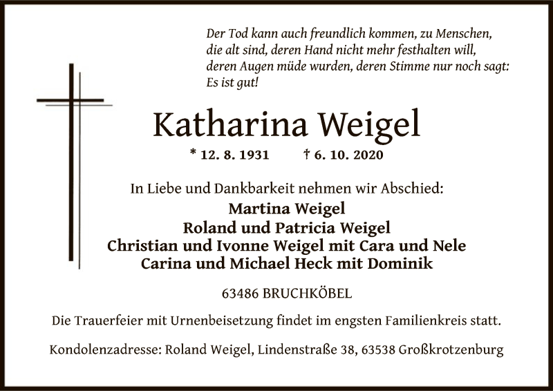 Traueranzeigen von Katharina Weigel | trauer.op-online.de