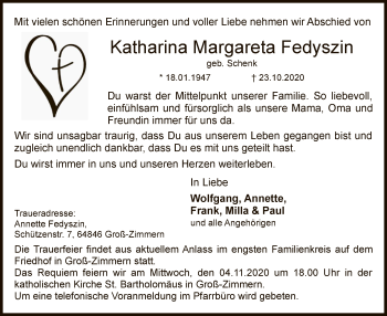 Traueranzeige von Katharina Margareta Fedyszin von OF