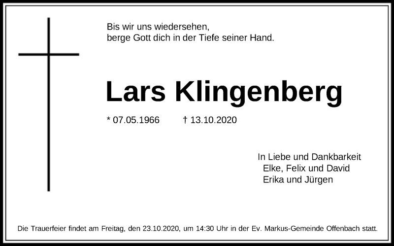  Traueranzeige für Lars Klingenberg vom 22.10.2020 aus OF