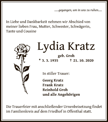 Traueranzeige von Lydia Kratz von OF