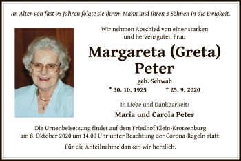 Traueranzeige von Margareta Peter von OF