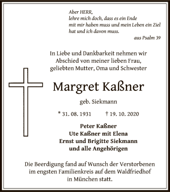 Traueranzeige von Margret Kaßner von OF