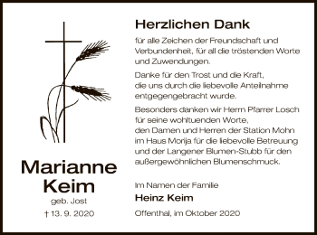 Traueranzeige von Marianne Keim von OF