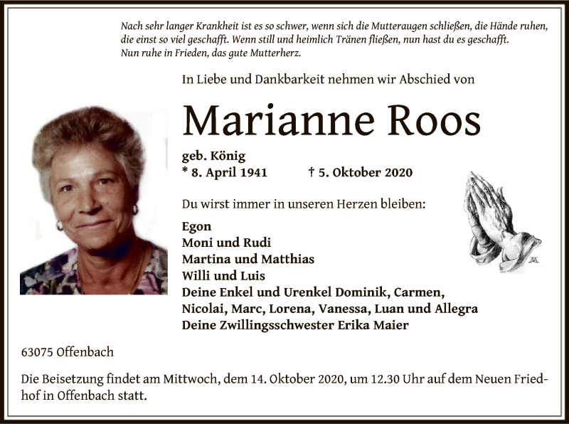  Traueranzeige für Marianne Roos vom 10.10.2020 aus OF