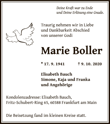 Traueranzeige von Marie Boller von OF