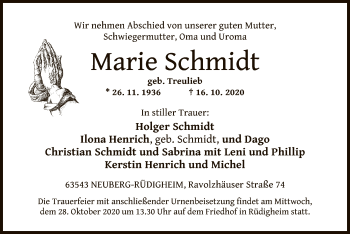 Traueranzeige von Marie Schmidt von OF