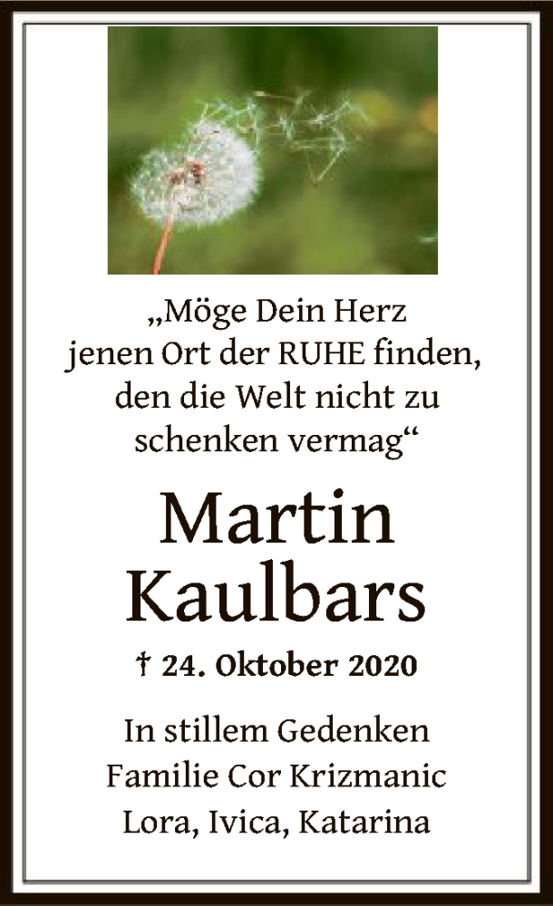  Traueranzeige für Martin Kaulbars vom 29.10.2020 aus OF