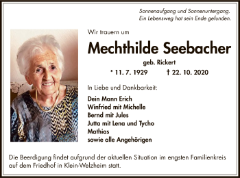 Traueranzeige von Mechthilde Seebacher von OF