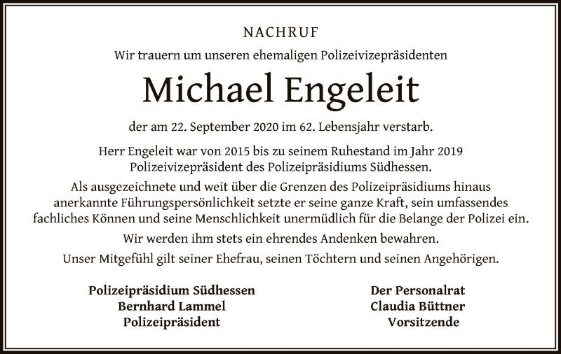  Traueranzeige für Michael Engeleit vom 02.10.2020 aus OF