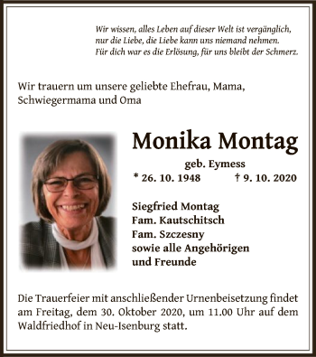 Traueranzeige von Monika Montag von OF