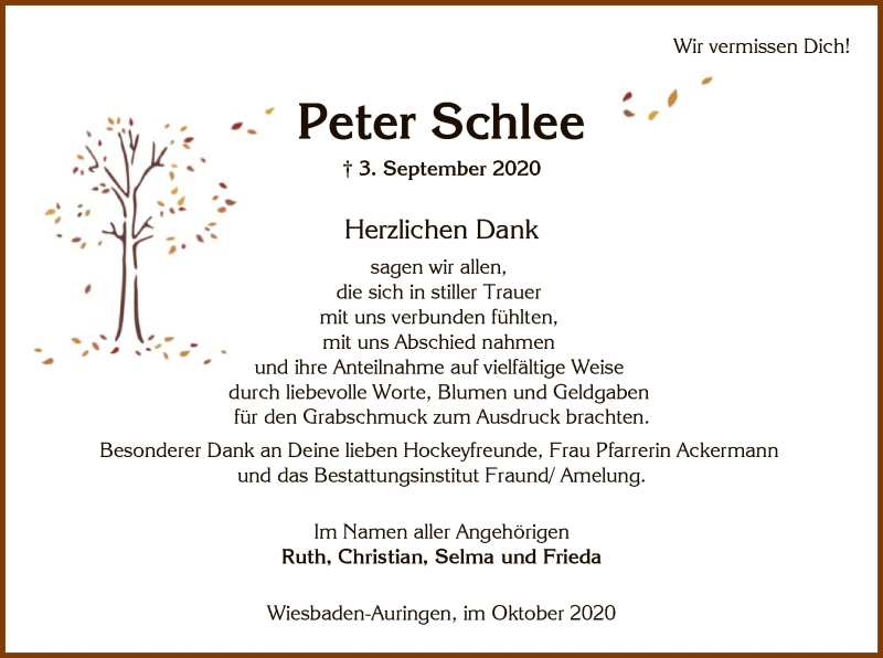  Traueranzeige für Peter Schlee vom 17.10.2020 aus OF