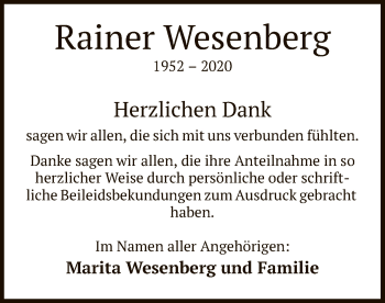 Traueranzeige von Rainer Wesenberg von OF