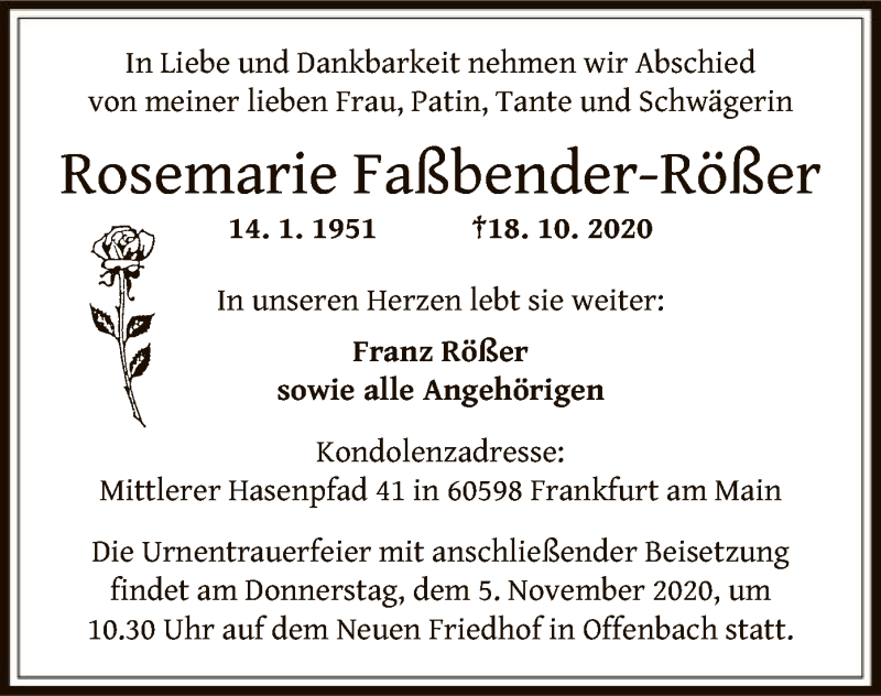  Traueranzeige für Rosemarie Faßbender-Rößer vom 24.10.2020 aus OF