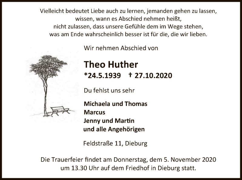  Traueranzeige für Theo Huther vom 31.10.2020 aus OF